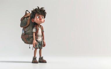 Young boy with school bag, stylized cartoon character, school kid 3d rendering