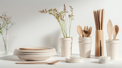 Eco-friendly kitchenware displayed under bright light with biodegradable utensils and bowls