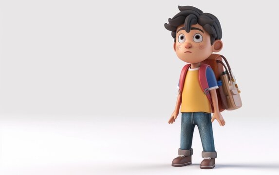 Young boy with school bag, stylized cartoon character, school kid 3d rendering