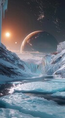 Experience Ganymedes icy frontier and celestial wonders in a breathtaking virtual tour - obrazy, fototapety, plakaty