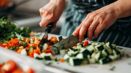 Close-up of hands meticulously chopping vibrant fresh vegetables on a kitchen board
