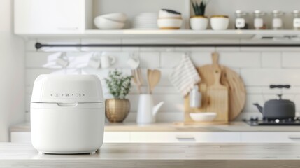 Modern white rice cooker in a contemporary kitchen setting