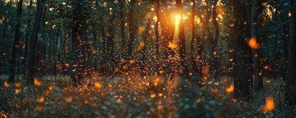 Countless insects swirl in the warm air of a forest at sunset, captured in a dramatic image against a backdrop of golden light.