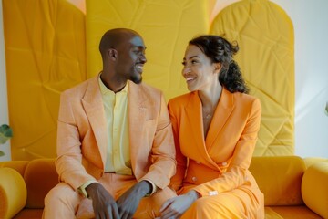 Happy interracial couple in bright orange outfits sitting on couch