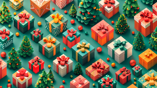 Wallpaper with isometric christmas gift boxes - Powered by Adobe