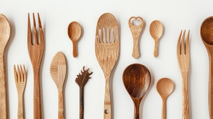 Assortment of eco-friendly wooden kitchen utensils on white background