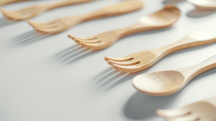 Eco-friendly bamboo utensil set on a white background with shadows