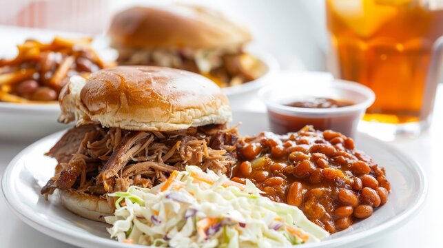 Savory pulled pork sandwich with coleslaw and baked beans on a plate