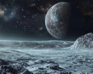 Explore the icy beauty of Ganymede against the backdrop of the universes mysteries