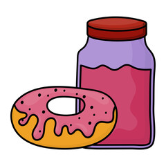 Healthy Chocolate Breakfast Donuts Concept, doughnut with choco milk jar vector icon design, European breakfast symbol, Americans Morning Meal Sign, Restaurant cafe menu stock illustration