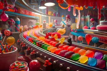 Fotobehang Jelly and candies in factory, jelly factory in side view with colorful candies and jellies  © Adnan