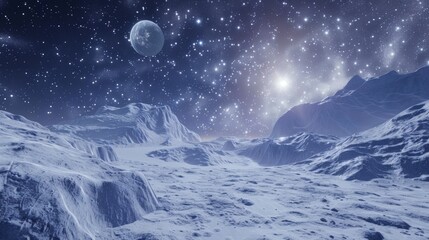Naklejka na ściany i meble Explore the icy terrain of Ganymede against a backdrop of the starlit cosmos in stunning VR
