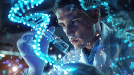 Focused scientist examines 3D DNA structure in a well-equipped laboratory setting