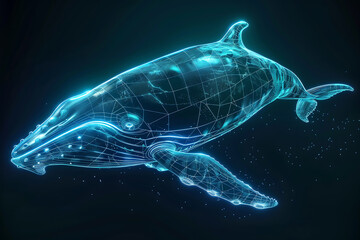 Glowing wireframe visualization of a majestic whale against a translucent background, evoking underwater serenity and awe