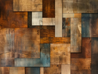 A collage of wood pieces with a rustic, vintage feel