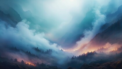 A serene landscape of misty mountains at sunrise, with soft colors conveying a peaceful and ethereal morning scene. AI Generation