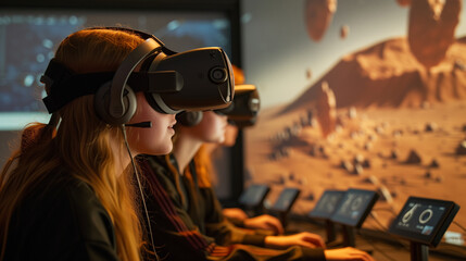 Girls Experiencing Interactive VR in Mars Simulation. Two girls with VR headsets are seemingly transported to Mars, exploring the simulated Martian environment interactively.