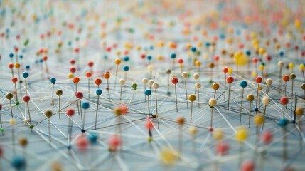 A large grid of pins connected with string. Communication, technology, network concept, technology background