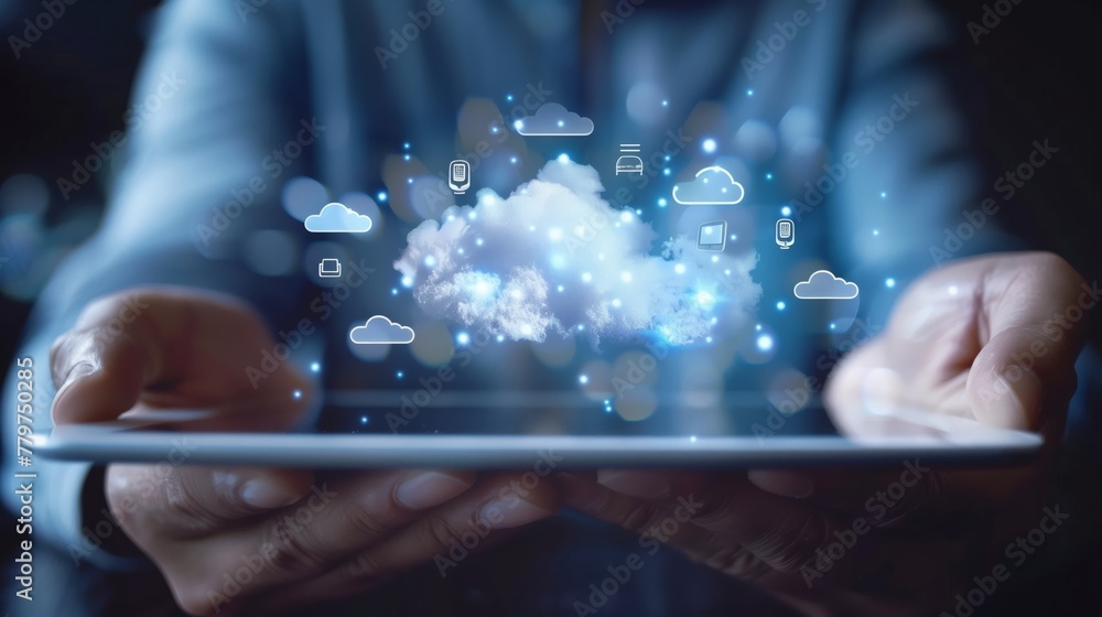 Poster cloud computing concept with handheld tablet. hands holding a tablet with a cloud computing concept,