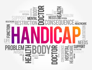 Handicap - a circumstance that makes progress or success difficult, disadvantage that makes achievement unusually difficult, word cloud concept background - obrazy, fototapety, plakaty