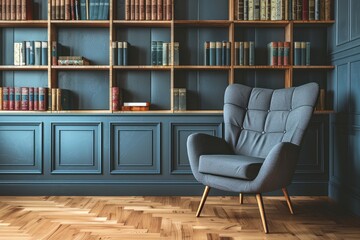 Minimalist Styled Study Area with Blue Chair and Bookshelves