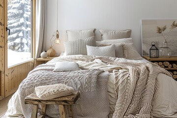 Warm Nordic Bedroom with Plush Textiles and Snow View