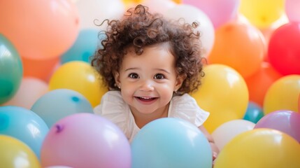 Fototapeta na wymiar A baby enjoys playing with balloons of different colors