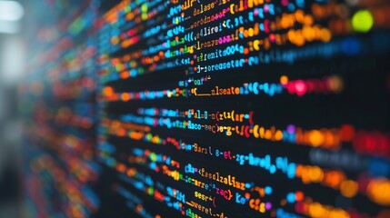 Vivid Programming Code Display on Computer Monitor. Computer monitor displays vibrant lines of programming code, highlighting the colorful nature of software development and coding work.