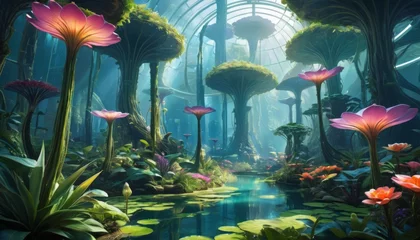 Foto op Plexiglas A serene depiction of an enclosed botanical garden on an alien world, featuring exotic luminescent plants and tranquil waterways.. AI Generation © Anastasiia