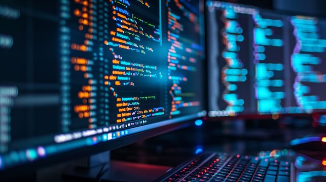 Two computer screens filled with complex coding scripts, showcasing a developer's workspace with advanced programming and software engineering tasks.