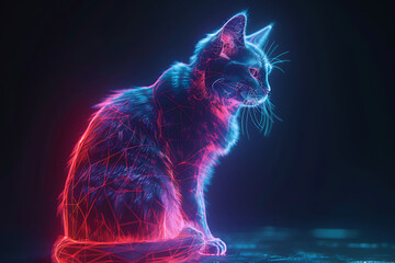 Glowing wireframe visualization of a serene cat against a translucent background, exuding grace and tranquility