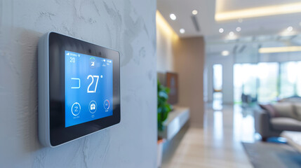 Smart Home Thermostat on Modern Wall. Modern smart home digital thermostat mounted on a wall displaying temperature controls and settings.