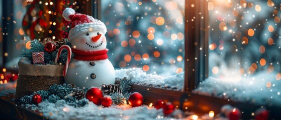 Banner with snowman holding candy cane, Santa boot, bag of presents, and glowing lights outside the window. Space for photo or text.