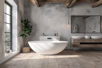 Fototapeta na wymiar Sleek and Spacious Bathroom with Copyspace and Greenery