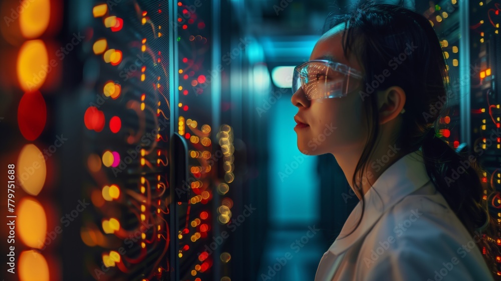 Poster technician examining server room with smart glasses. tech professional wears smart glasses while clo