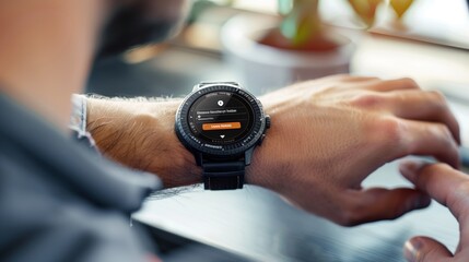 Obraz na płótnie Canvas Smartwatch Displaying Notifications on Wrist. Close-up of a smartwatch on a person's wrist, displaying notifications and apps, highlighting connectivity and modern wearables.