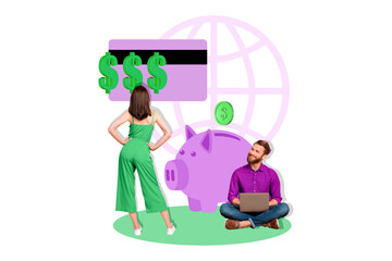 Composite photo collage of two workers girl guy colleagues card laptop globe net emblem piggy bank coin online isolated on painted background