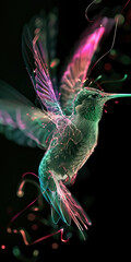 Beautiful hummingbird in flight with magical colorful lights on its beak, creating a stunning mystical image