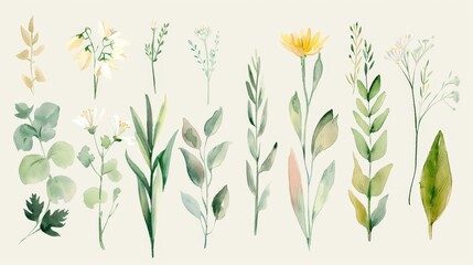 Fototapeta na wymiar Collection of watercolor botanical illustrations on an off-white background. Set of watercolor botanical illustrations with various plants and flowers