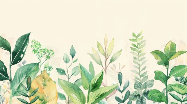 Artistic watercolor border with various green leaves on a pale backdrop. Elegant botanical wallpaper design. Natural greenery illustration with copy space.