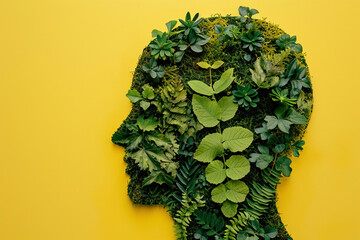 Man's head covered with plants and leaves on yellow background Natural greenery concept for ecofriendly lifestyle and environmental awareness