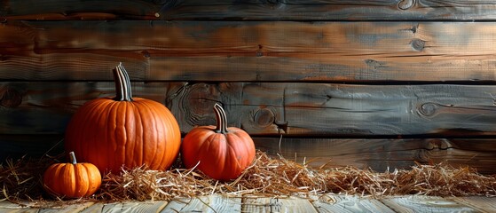 Still life with pumpkins on straw in front of wooden wall background for Thanksgiving. Perfect background decoration for house interior. There is a space for text on the left. Copy space on the - obrazy, fototapety, plakaty