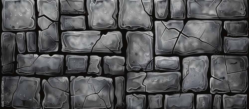 Poster a closeup shot of a grey brick wall with cracks, showcasing a pattern of rectangular bricks. the bui