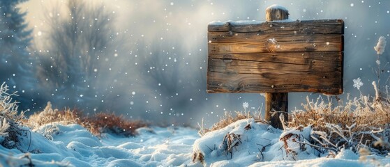 Christmas background with vintage signboard with snowflakes on wooden planks. New Year winter holiday concept. Calligraphic text written by hand.