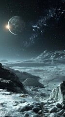 Fototapeta na wymiar Icy vistas of Ganymede illuminated by the distant cosmos