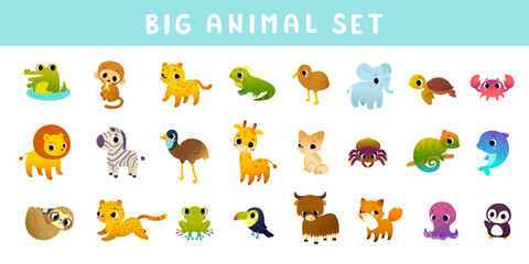 Fototapeta premium Big set of cute cartoon animals. Vector collection of adorable wild baby animals. Funny mammals bundle.