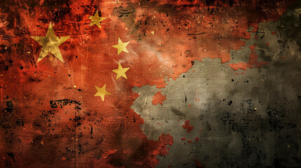 Chinese flag and stars, vintage style, faded - obrazy, fototapety, plakaty