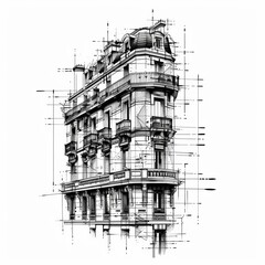 Architectural sketch of a building or structure rendered in linework tattoo design