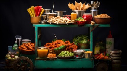 Composition showcasing assorted snacks on an Indian street food cart