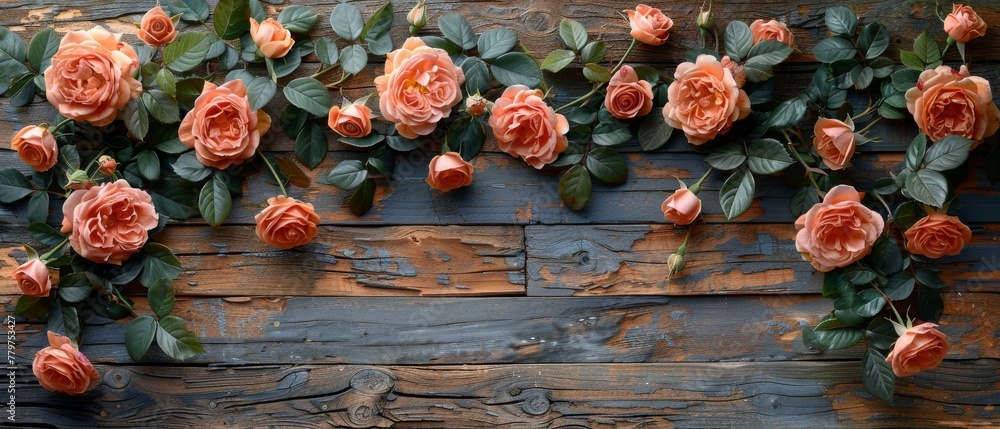 Poster a card with roses and room for your text in a rustic style with wooden planks. top view. flat design